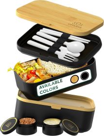 Box Adult All-In-1 w/4 Utensils, 2 Sauce Jars 2 Dividers, Bamboo Lid, 100% Leakproof