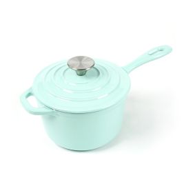 HAWOK Enameled Cast Iron Mini Saucepan, 1QT Saucepan with Lid and Long Handle, Green